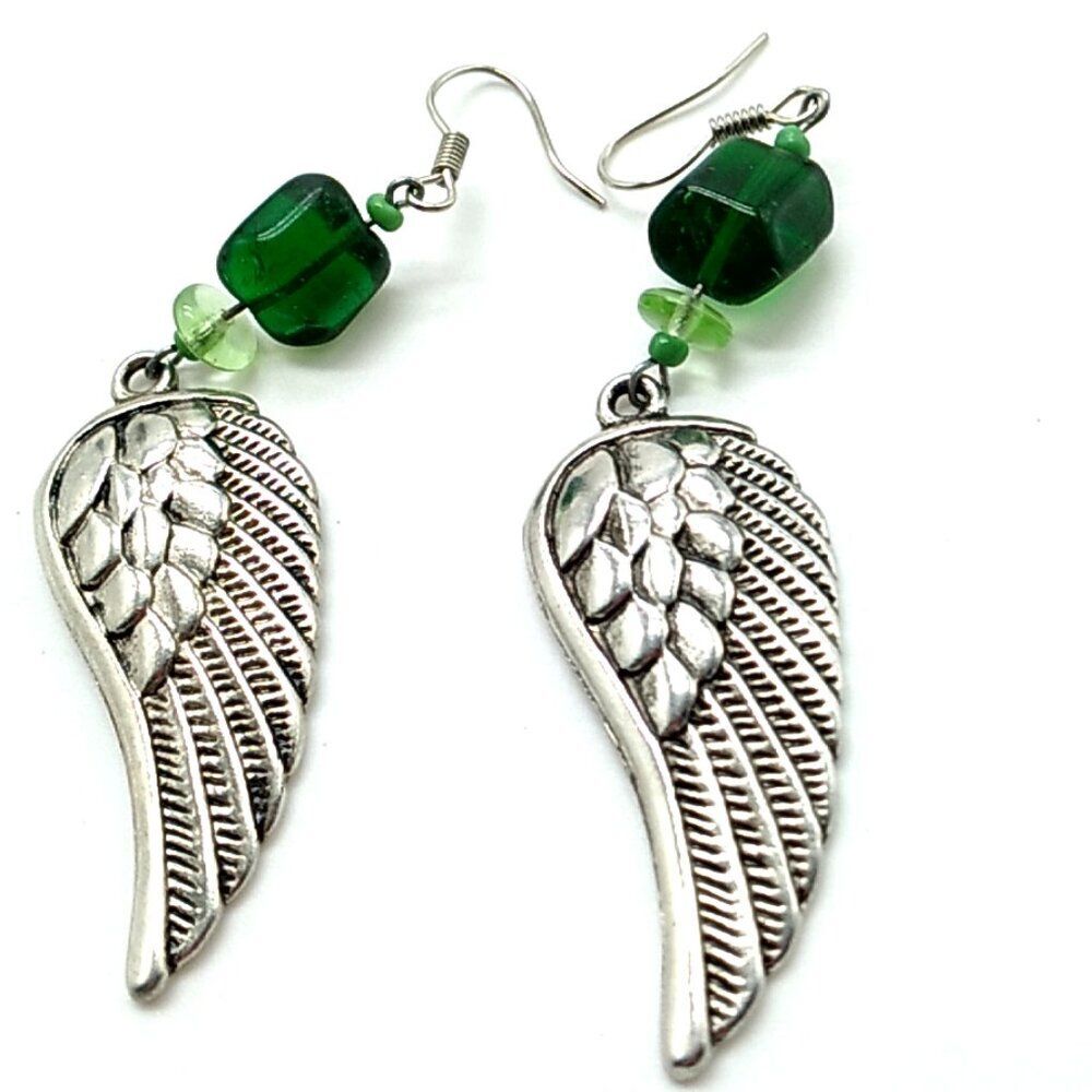 Glass Peridot & Crystal Angel Wing Silver-tone Earrings